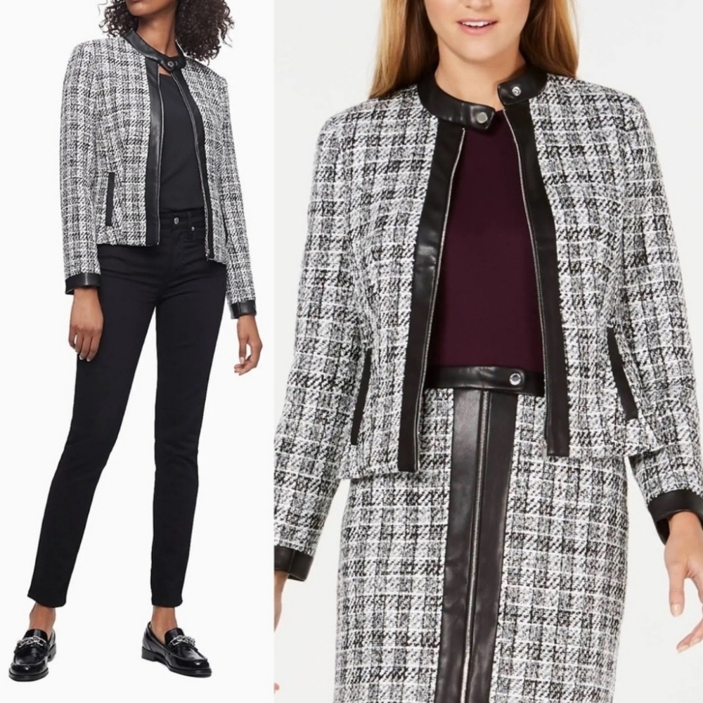 CALVIN KLEIN ZIP-UP FAUX LEATHER TWEED BLAZER JACKET - BLACK & WHITE